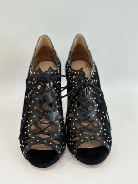 Pour La Victoire Black SuedeLace-Up Peep Toe Heels with Gold Stud Accents Size 8